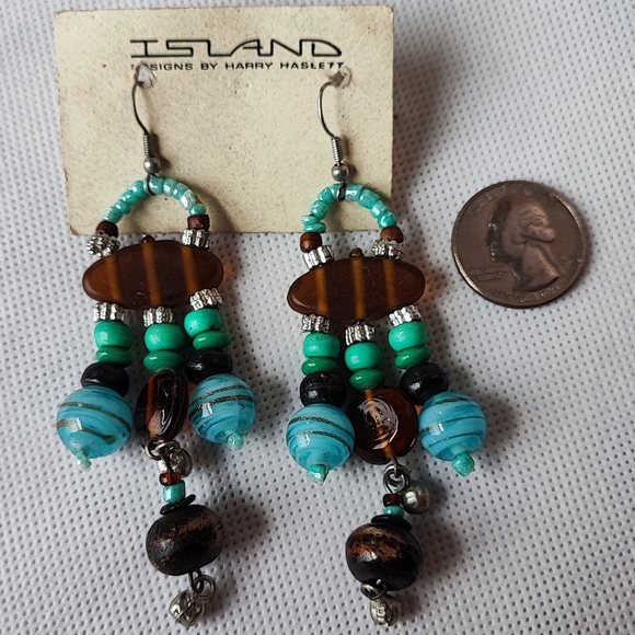 Brown Turquoise Venetian Glass Tortoise Beaded Island Harry Haslett Earrings - Picture 4 of 4